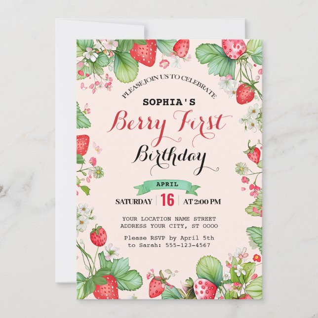 Invitación Berry Lovely First Birday (Anverso)