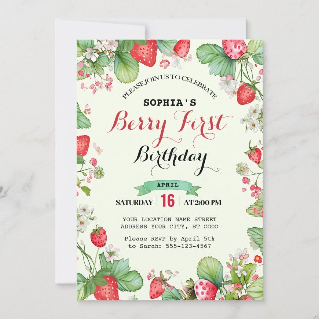 Invitación Berry Lovely First Birday (Anverso)