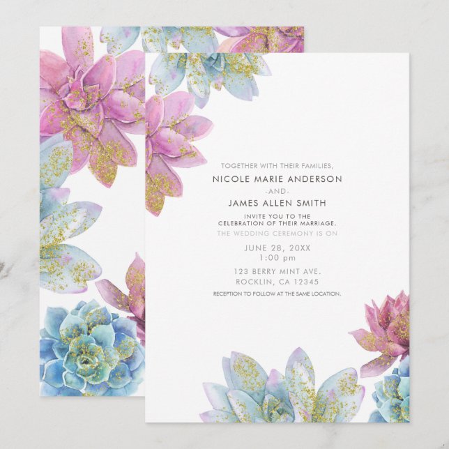 Invitación Berry Mint & Gold Garden Succulum Boda (Anverso / Reverso)