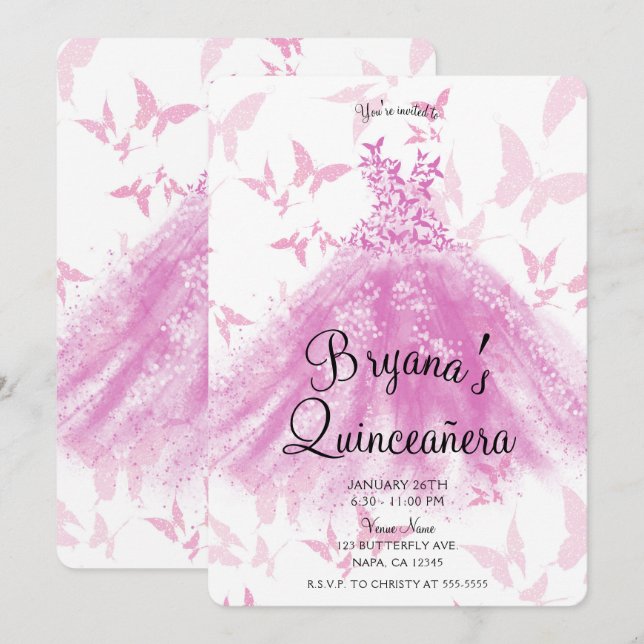 Invitación Berry Pink Butterfly Dress Quinceañera (Anverso / Reverso)