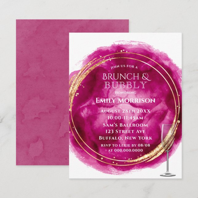 Invitación Berry Pink Watercolor Gold Brunch & Bubbly Invita (Anverso / Reverso)