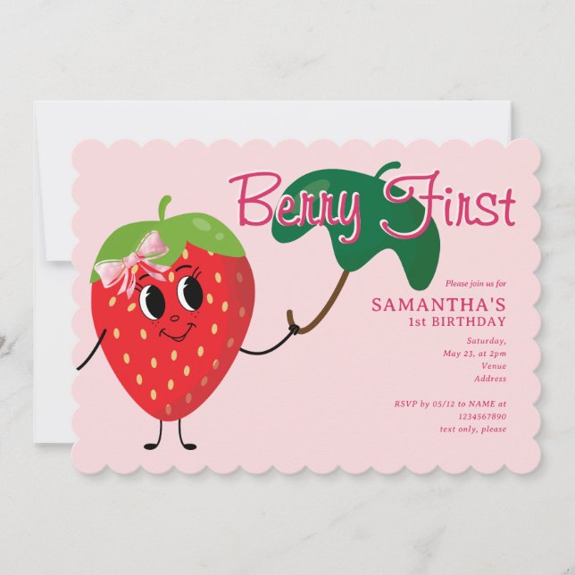 Invitación Berry Primer Chica Personalizado Strawberry Primer (Anverso)
