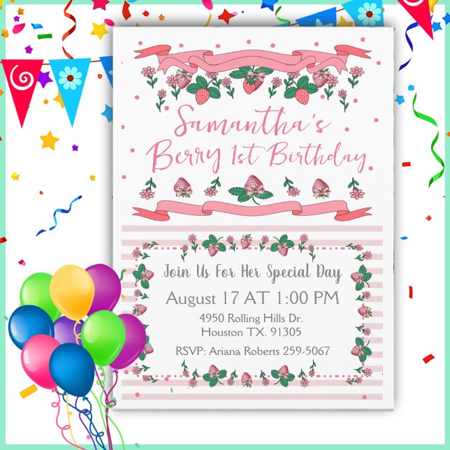 Invitación Berry primer cumpleaños Fresa blanca rosa (Subido por el creador)