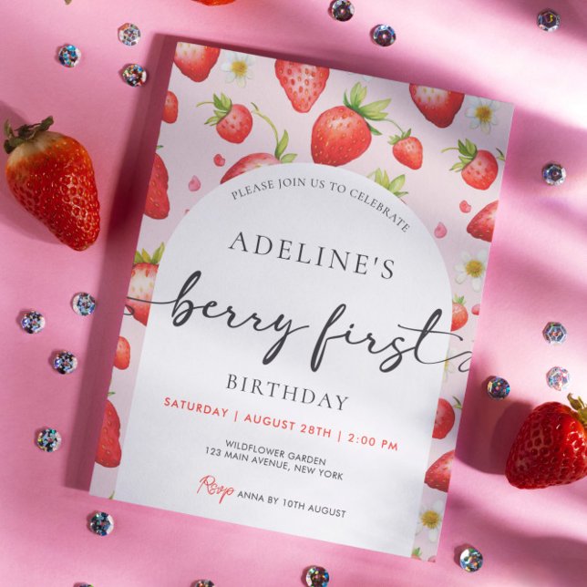 Invitación Berry Primer cumpleaños Strawberry Primer Fiesta d (Girl Berry First Birthday Party Strawberry Invitation )