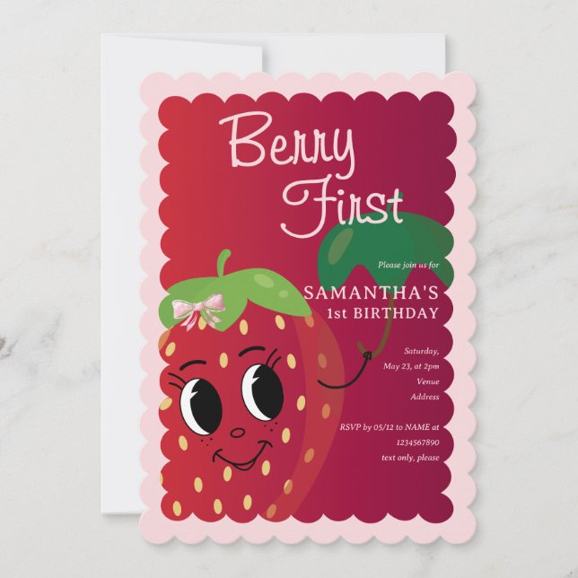 Invitación Berry Primer Personalizado Chica de fresa Primer C (Anverso)