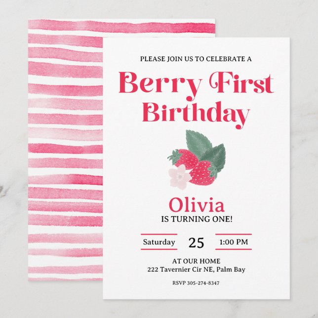 Invitación Berry Primeros Chicas en temas de fresa Primer Fie (Anverso / Reverso)