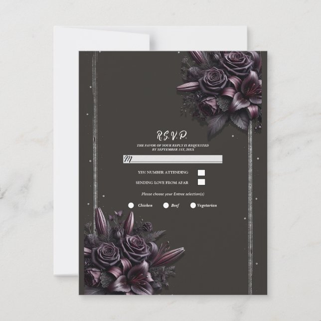 Invitación Berry Purple Black Lily Rosa Floral Wedding RSVP (Anverso)