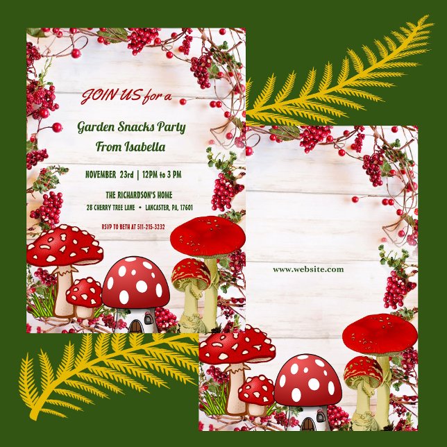 Invitación Berry Rojo Toadstool Garden Snacks Fiesta de Caída (Red Berry Toadstool Garden Snacks Kid's Fall Party Invitation)