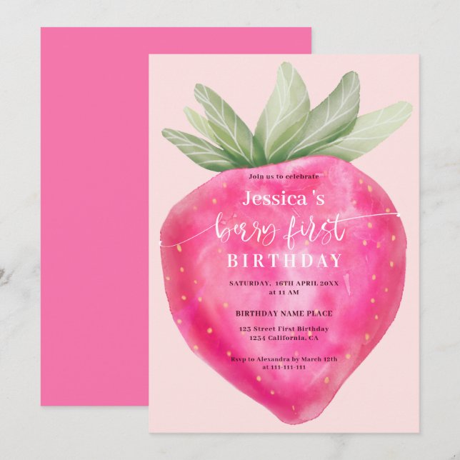 Invitación Berry rosa primer cumpleaños fresa acuarela (Anverso / Reverso)