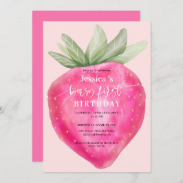 Invitación Berry rosa primer cumpleaños fresa acuarela