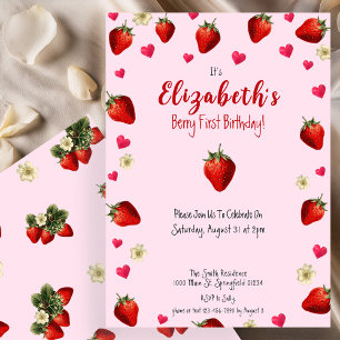 Invitación Berry rosa primer cumpleaños fresa verano 1er