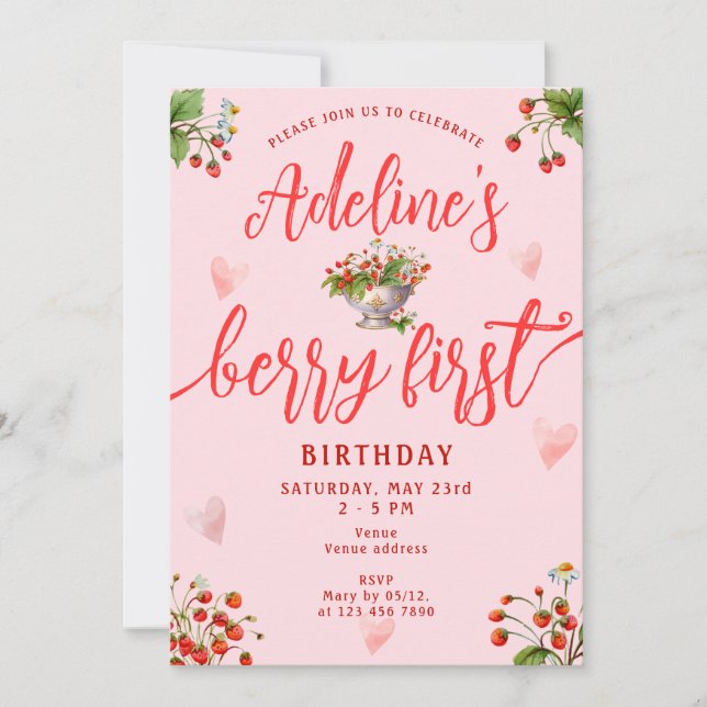 Invitación Berry rosa primer Fiesta de fresa de primer cumple (Anverso)