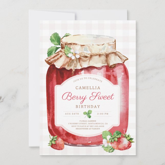 Invitación Berry Sweer Strawberry Jam Jar Fiesta de Cumpleaño (Anverso)