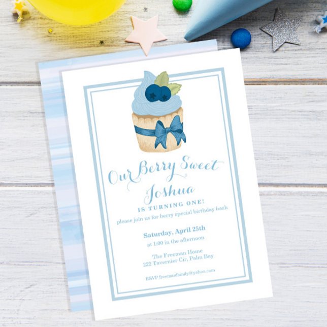 Invitación Berry Sweet 1 cumpleaños Boy Blueberry Cupcake (Subido por el creador)