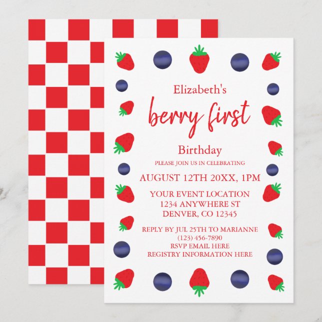 Invitación Berry Sweet 1er cumpleaños (Anverso / Reverso)