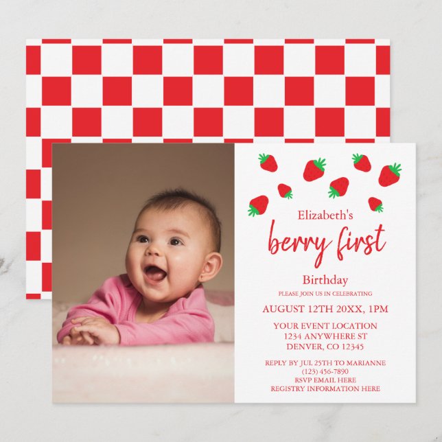 Invitación Berry Sweet 1er cumpleaños (Anverso / Reverso)