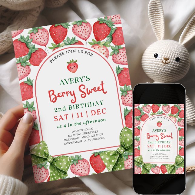 Invitación Berry Sweet 2nd Birthday Strawberry Invitation (Subido por el creador)