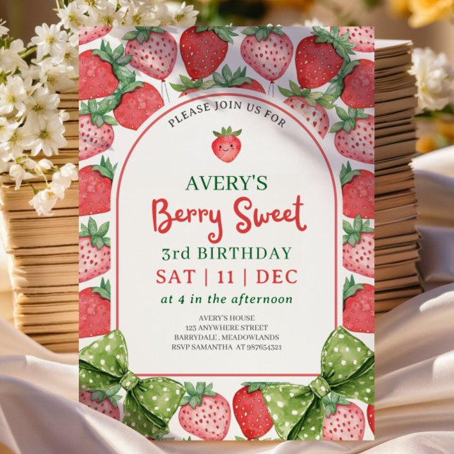 Invitación Berry Sweet 3rd Birthday Strawberry Invitation (Subido por el creador)