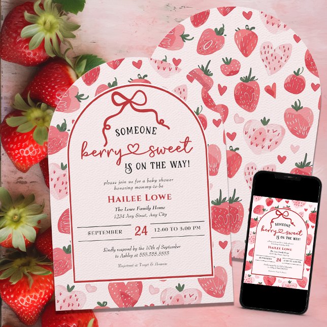 Invitación Berry Sweet Baby Shower Coquette Pink Strawberry (Subido por el creador)