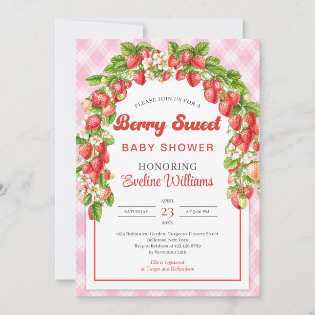 Invitación Berry Sweet Baby Shower | Fresa Rosa Boho (Anverso)