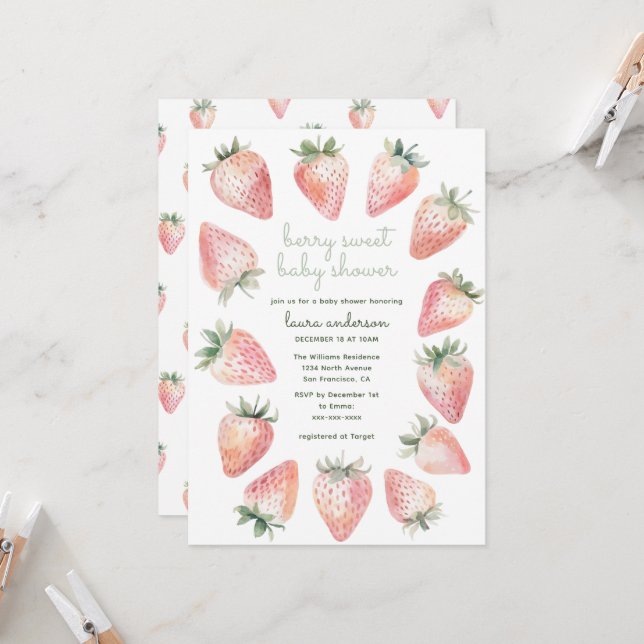 Invitación Berry Sweet Baby Shower Watercolor Strawberries In (Anverso/Reverso In Situ)