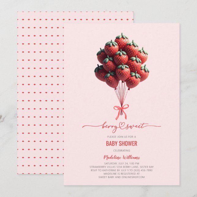 Invitación Berry Sweet Baby Strawberry Balloons Baby Shower (Anverso / Reverso)