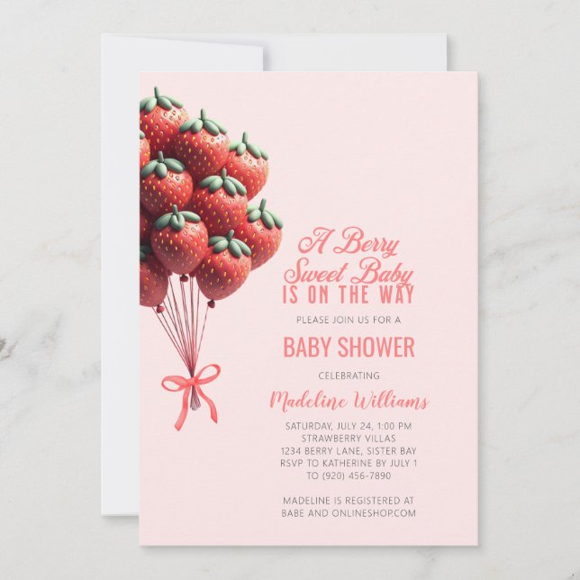 Invitación Berry Sweet Baby Strawberry Balloons Baby Shower (Anverso)