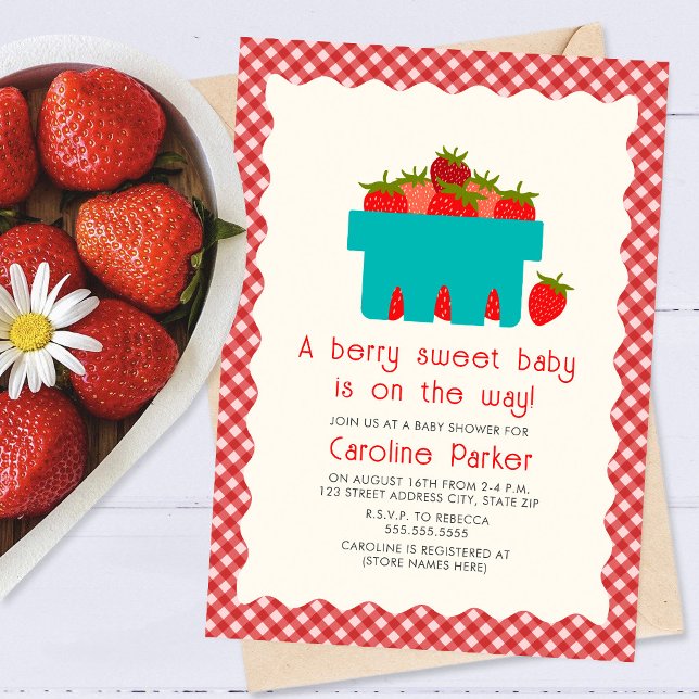 Invitación Berry Sweet Baby Strawberry Basket Gingham (Subido por el creador)