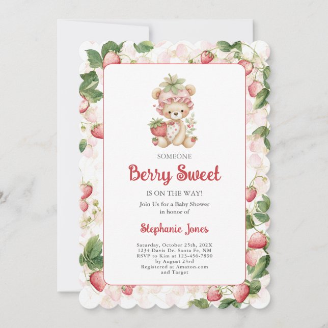 Invitación Berry Sweet Bear Baby Shower Chica (Anverso)