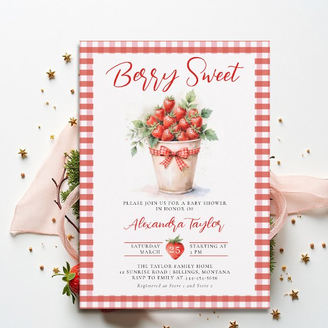 Invitación Berry Sweet Berries Art Garden Gingham Baby Shower (berry sweet baby shower invitation fruit strawberry theme art watercolor summer garden gingham)