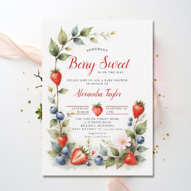 Invitación Berry Sweet Berries Garden Neutral Baby Shower (berry sweet baby shower invitation fruit theme strawberry berry watercolor spring summer garden)