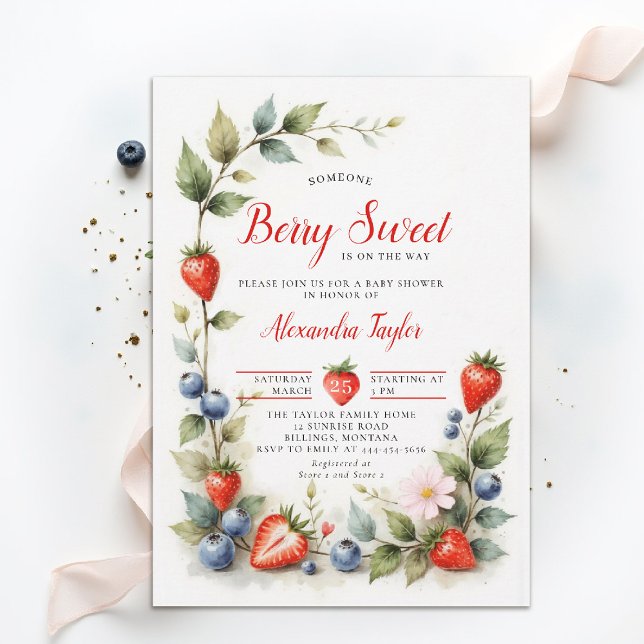 Invitación Berry Sweet Berries Garden Summer Chic Baby Shower (berry sweet baby shower invitation fruit strawberry theme art watercolor summer garden watercolor)