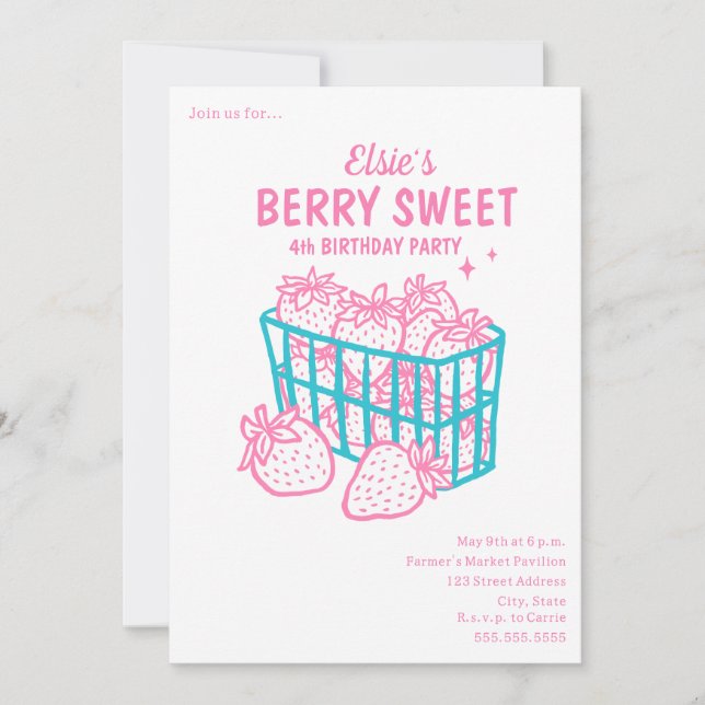 Invitación Berry Sweet Birthday Doodle Pink Strawberry (Anverso)