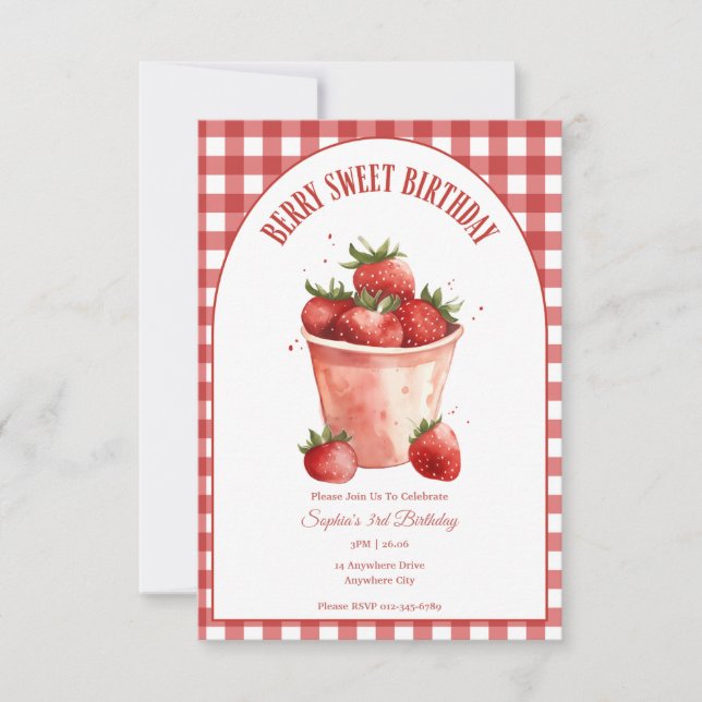 Invitación Berry Sweet Birthday Strawberry Fiesta (Anverso)