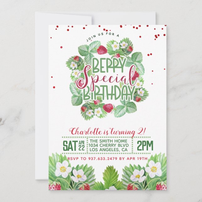 Invitación Berry Sweet Birthday Strawberry Invitation (Anverso)