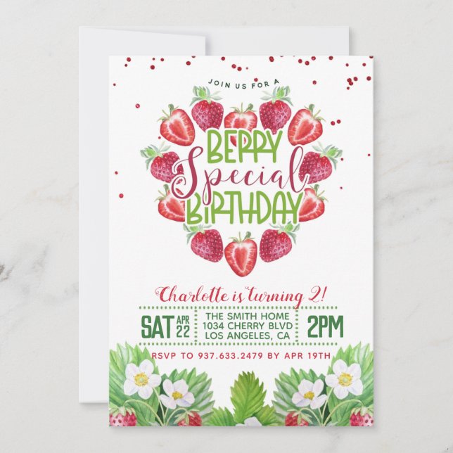 Invitación Berry Sweet Birthday Strawberry Invitation (Anverso)