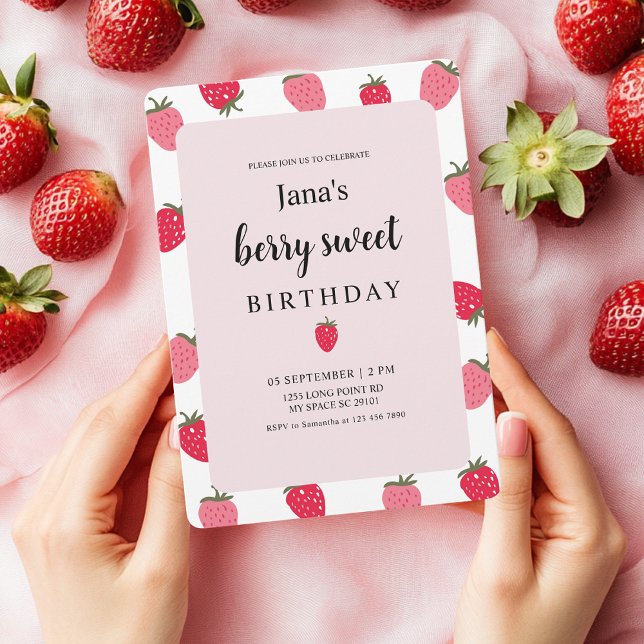 Invitación Berry Sweet Birthday | Temática de fresa (Subido por el creador)