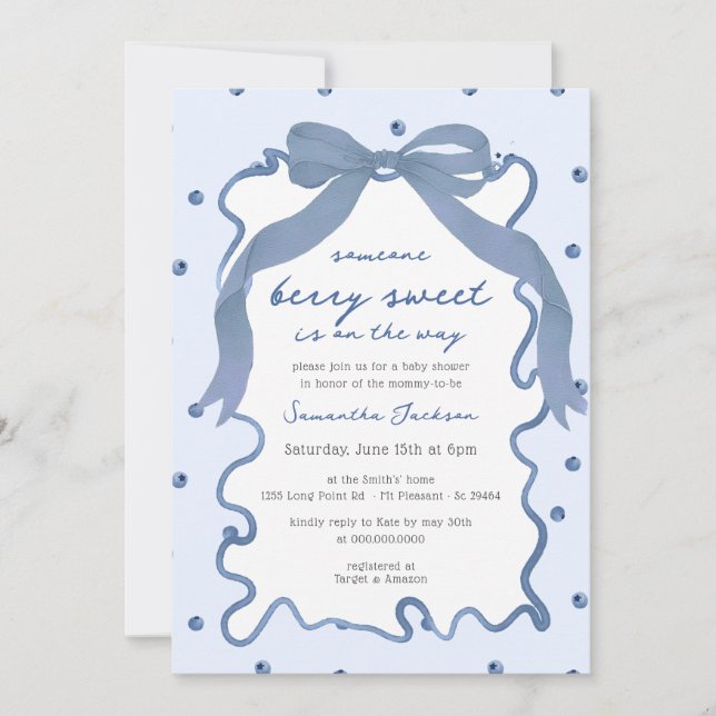 Invitación Berry Sweet Blueberry Bow Hand Drawn Baby Shower (Anverso)