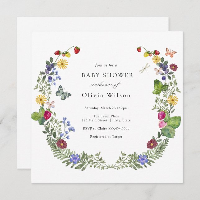 Invitación Berry Sweet Boho Wildflower Baby Shower (Anverso / Reverso)