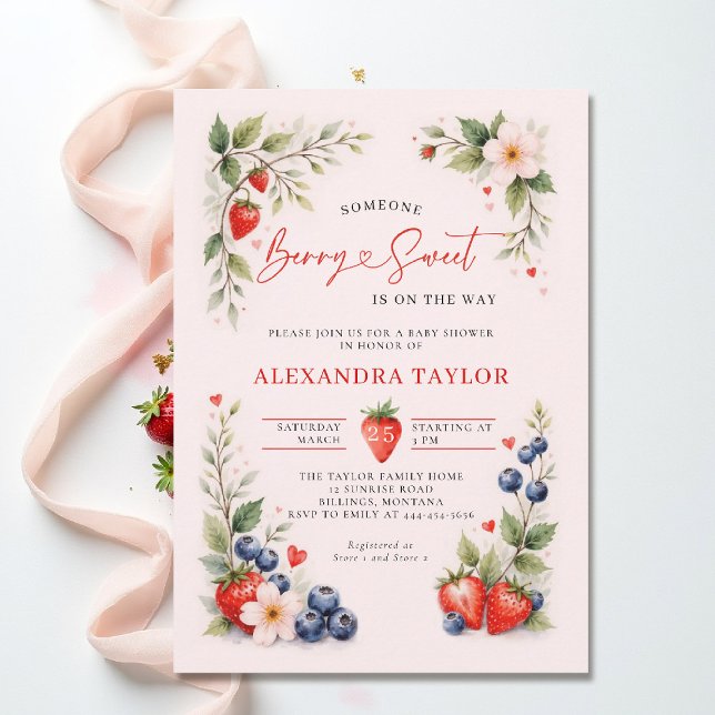 Invitación Berry Sweet Botanical Art Pink Girl Baby Shower (berry sweet baby shower invitation fruit strawberry theme art watercolor summer garden)