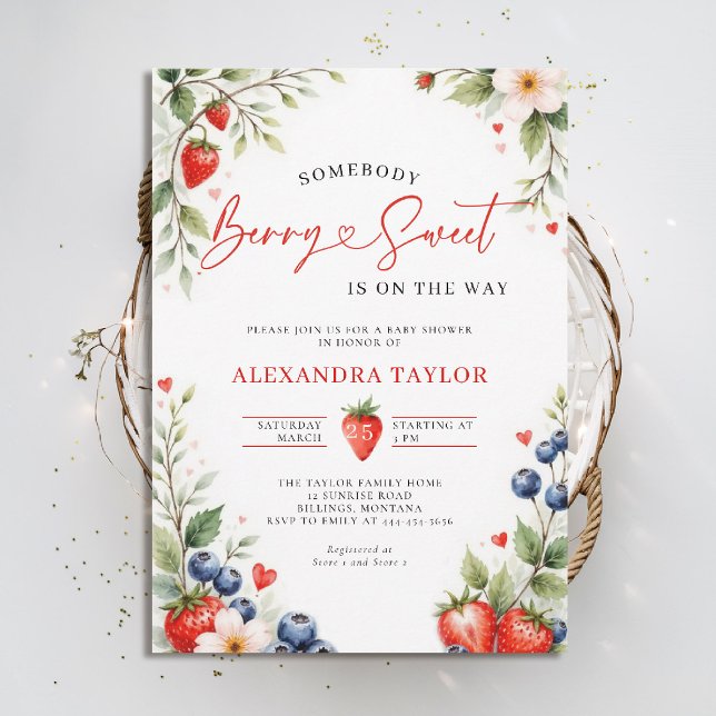 Invitación Berry Sweet Botanical Berries Script Baby Shower (berry sweet baby shower invitation fruit theme strawberry berries botanical watercolor spring summer)