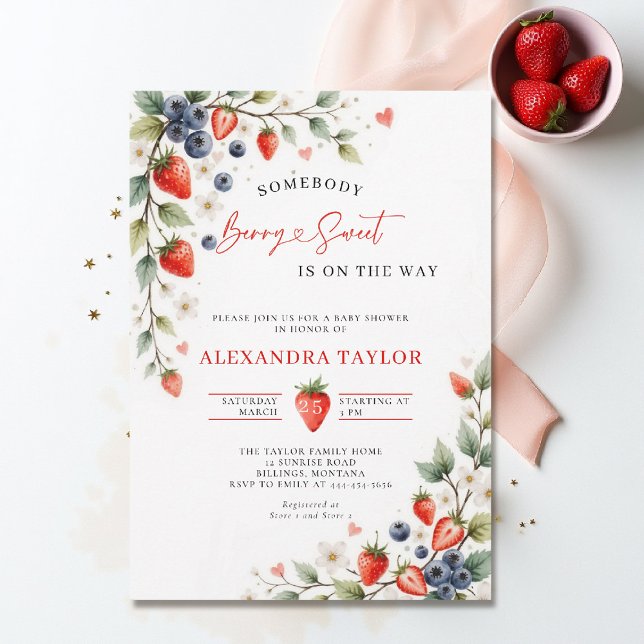 Invitación Berry Sweet Botanical Berries Vines Baby Shower (berry sweet baby shower invitation fruit theme strawberry berries watercolor spring summer)