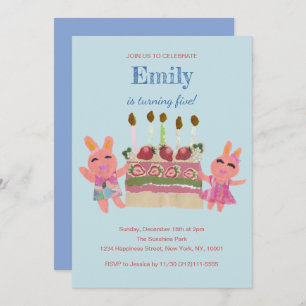Invitación Berry Sweet Bunny Buddies   Cumpleaños Azul