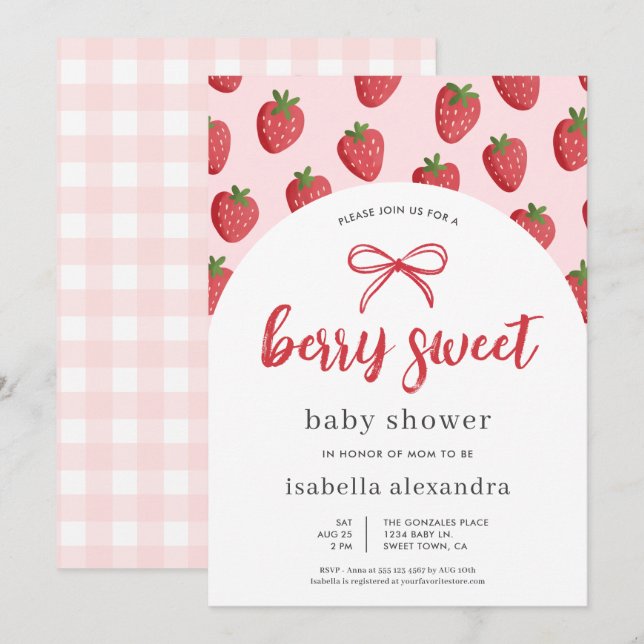 Invitación Berry Sweet Chica Pink Bow Strawberry Baby Shower (Anverso / Reverso)