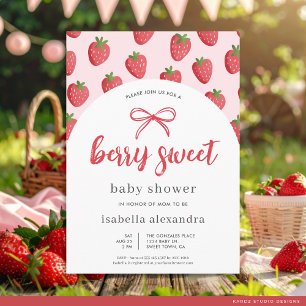 Invitación Berry Sweet Chica Pink Bow Strawberry Baby Shower