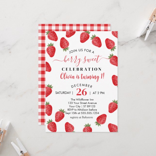 Invitación Berry Sweet cumple 1 cumpleaños de fresa (Anverso/Reverso In Situ)