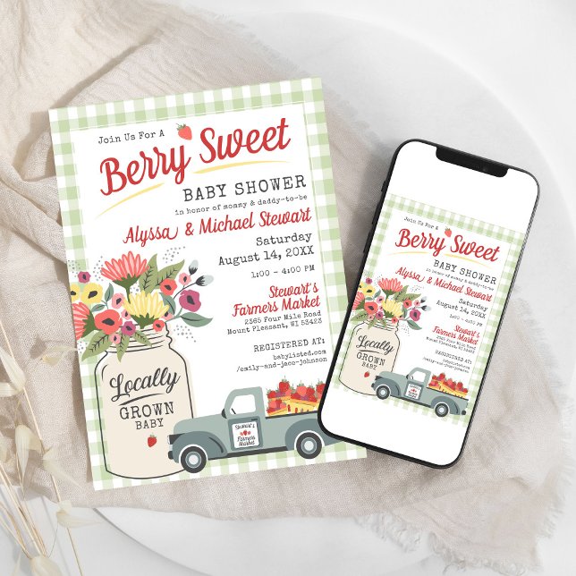 Invitación Berry Sweet Digital Farmers Market Baby Boy Shower (Sage green gingham farmers market rustic mason jar floral strawberry Berry Sweet Baby Shower digital)