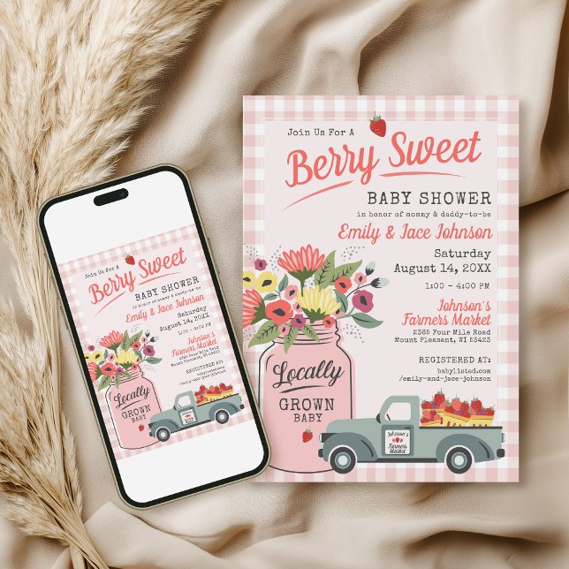 Invitación Berry Sweet Digital Farmers Market Baby Shower (Cute modern hand drawn custom farmers market berry sweet gingham baby girl shower digital invitation)