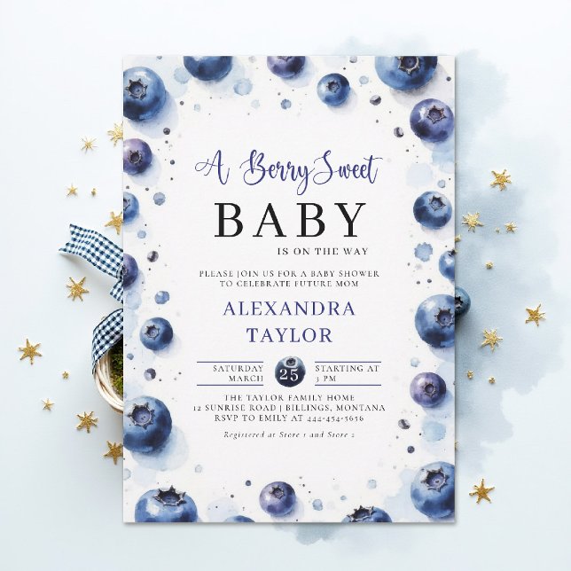 Invitación Berry Sweet Farmhouse Chic Blueberries Baby Shower (berry sweet baby shower invitation boy blue blueberries rustic farmhouse chic watercolor)