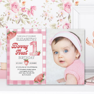 Invitación Berry Sweet First Birthday Photo – Straberry party